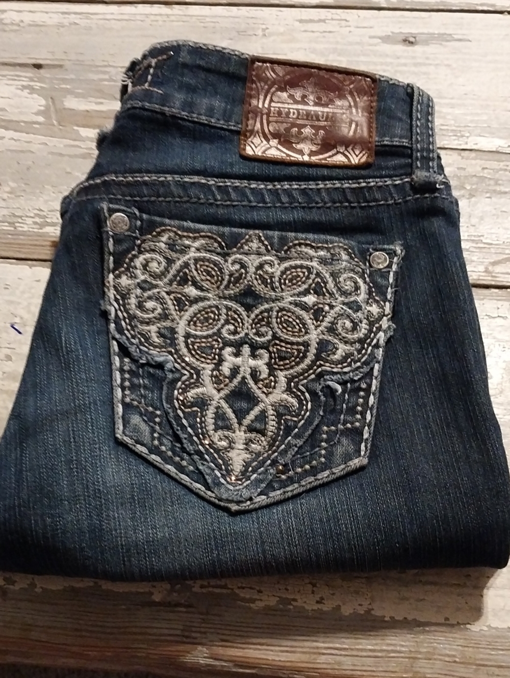Hydraulic Dark Blue Boot Cut Jeans with White Embroidered Pocket